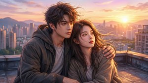 Rooftop Sunset Embrace