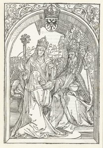 Roswitha van Gandersheim biedt keizer Otto I een exemplaar van haar boek aan