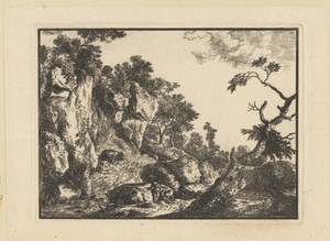Rotsachtig landschap met bomen en twee rustende figuren