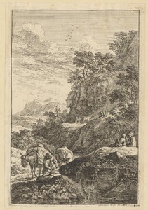 Rotsachtig landschap met een reiziger met twee muildieren