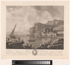 Rotsachtig landschap met figuren en boten aan een kust