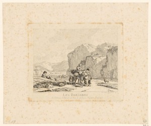 Rotsachtig landschap met herders bij een rivier