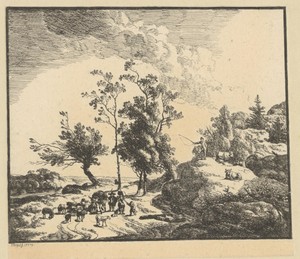 Rotsachtig landschap met herders met kudde en boerenfamilie met lastezel