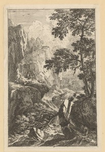 Rotsachtig landschap met rechts op de voorgrond een jager