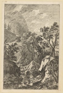 Rotsachtig landschap met rechts twee mannen achter twee bomen