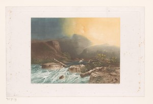 Rotsachtig landschap met rivier en reiger