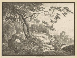 Rotsachtig landschap met ruïnes en herder met runderen bij een boom met klimplanten