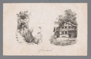 Rotslandschap en gezicht op twee huizen