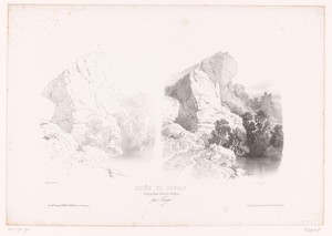 Rotslandschap met ruïne en meer