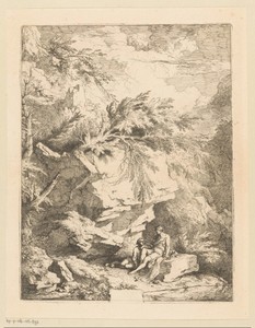 Rotslandschap met twee figuren rustend op een steen