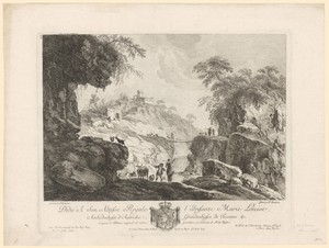 Ruïnelandschap met herders bij een kleine waterval