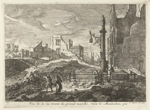 Ruïnes in een straat naar de Grote Markt bij het Manneken Pis te Brussel, 1695