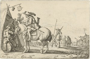 Ruiter bij een tent in een legerplaats