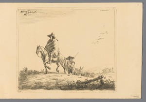 Ruiter en herders met vee op zandweg