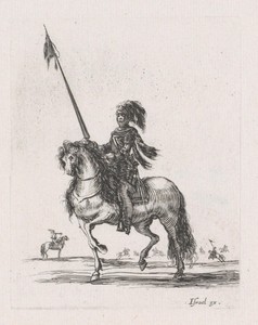 Ruiter met lans te paard in een landschap met meer ruiters te paard