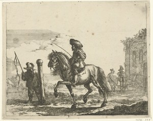 Ruiter met links een knecht en rechts een ruïne