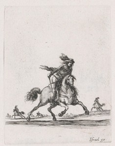 Ruiter met zwaard op rennend paard in een landschap met meer ruiters te paard
