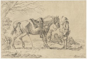 Ruiter naast pissend paard