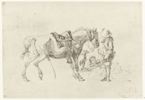 Ruiter naast pissend paard