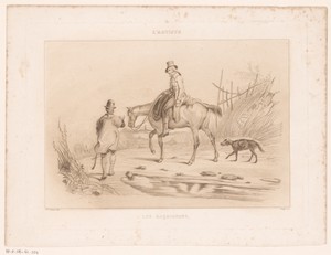 Ruiter te paard en man met hond