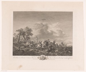 Ruitergevecht met op de achtergrond een molen