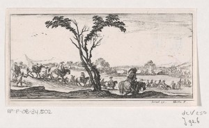 Ruiters steken te paard een rivier over
