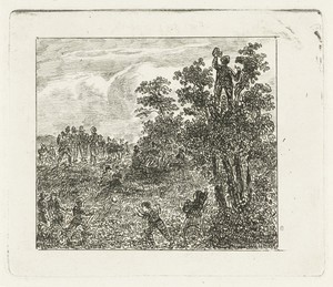 Rustend groepje wandelaars met balspelende kinderen