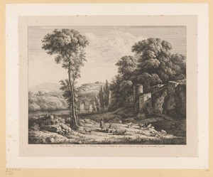 Rustende herder met kudde geiten in een landschap