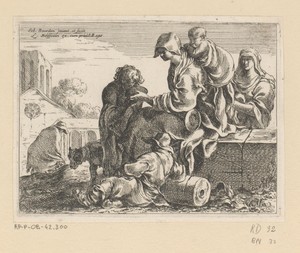 Rustende reizigers voor een dorp
