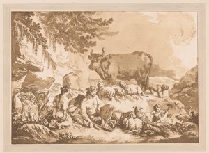 Rustende saters tussen schapen en een koe in een landschap