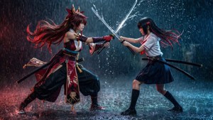 Ryuuko and Satsuki Duel in Rain