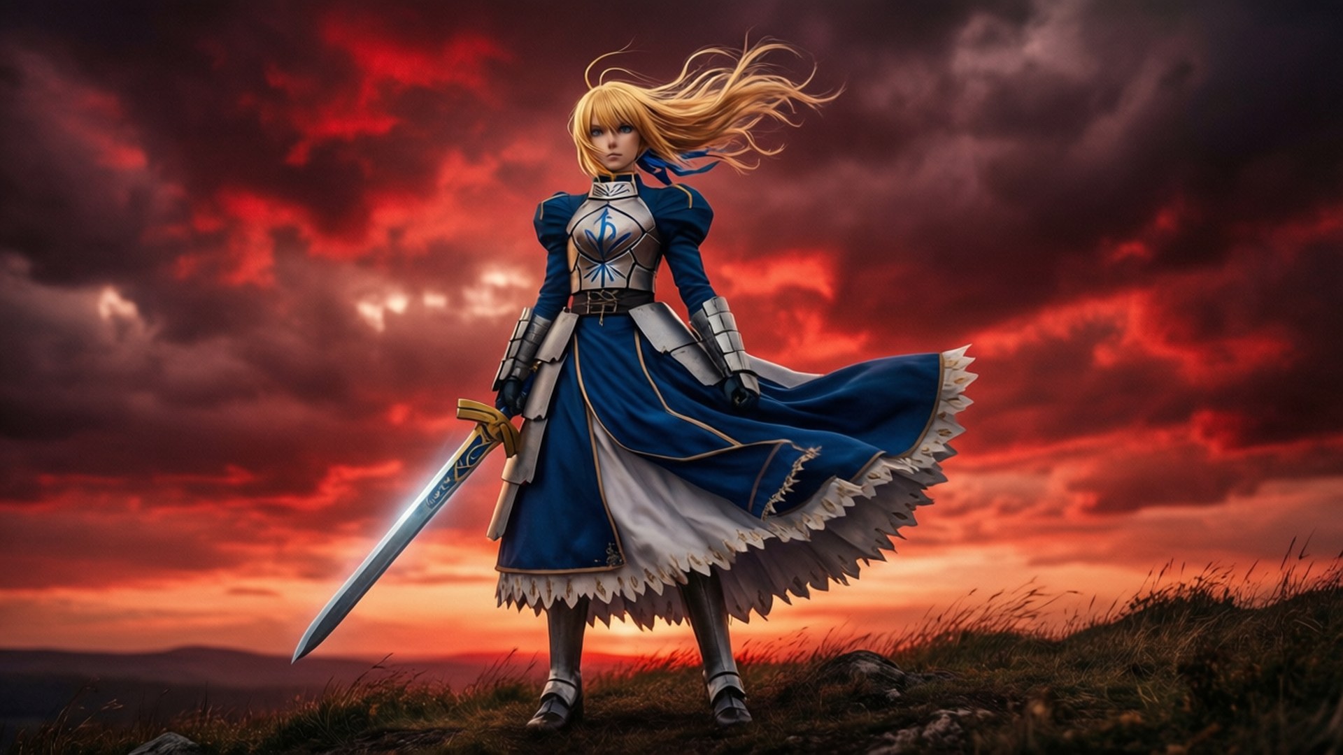 Saber Under Crimson Sky by Wallpapers.art Studio
