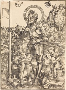 Saint George Standing, with Two Angels
