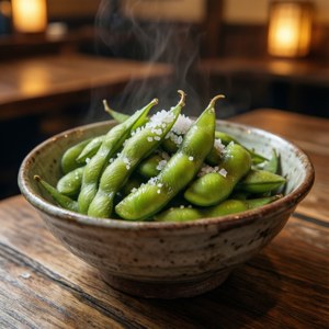 Salted Edamame in Rustic Bowl