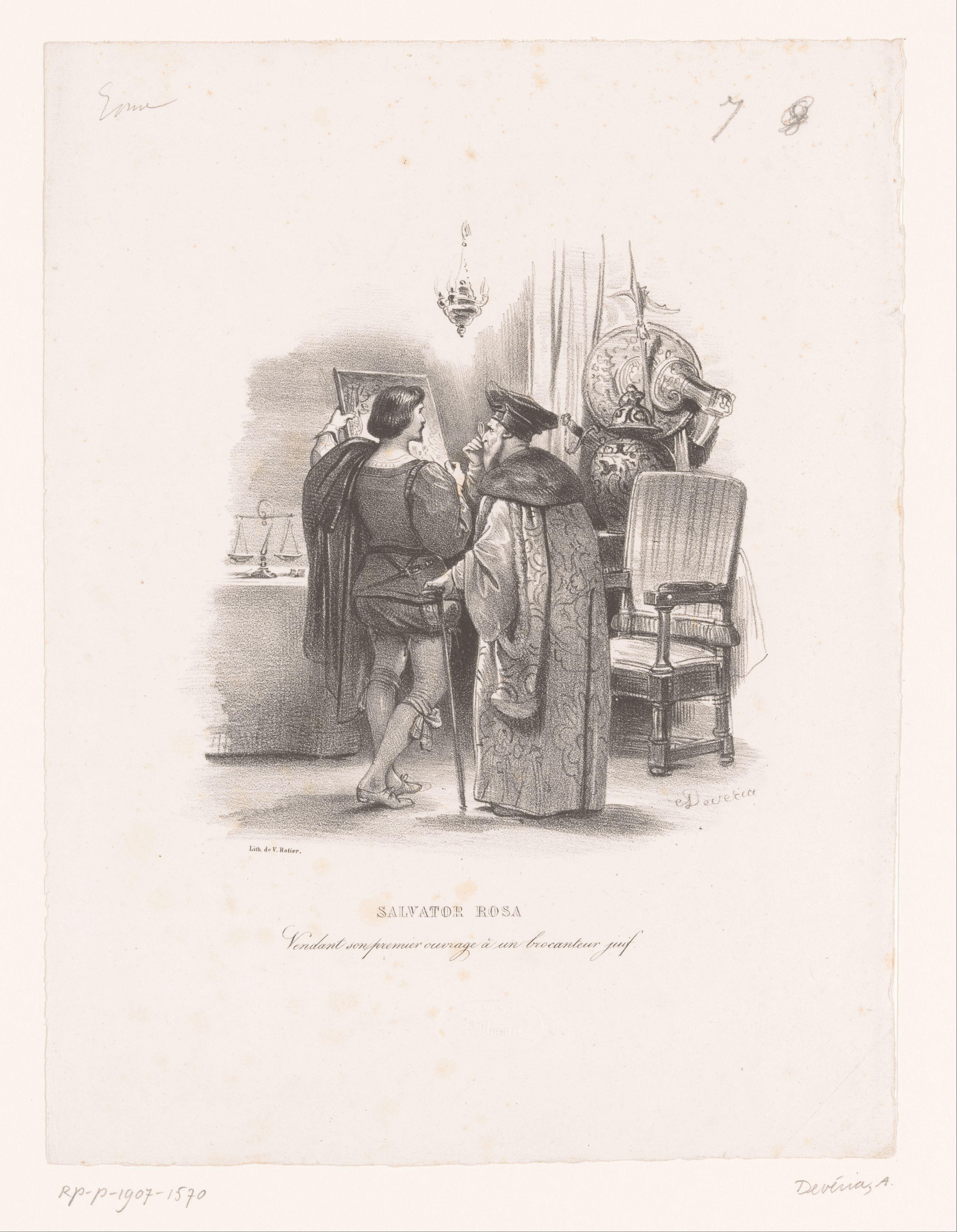 Salvator Rosa verkoopt zijn eerste schilderij aan een Joodse handelaar by Achille Devéria