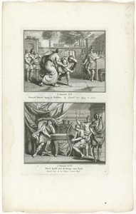Samuel snijdt Agag in stukken en David speelt harp voor Saul