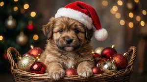 Santa Puppy in Basket