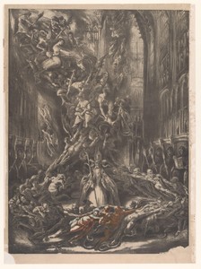 Satan met demonen in een gotische kathedraal