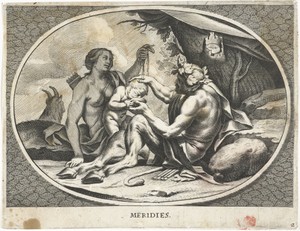 Sater en nimf met kind dat druivensap drinkt uit kom