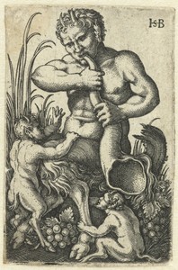 Satyr blazend op een hoorn