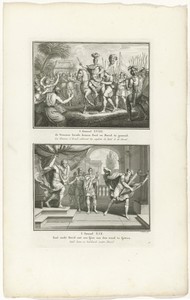 Saul en David verwelkomd door de vrouwen van Israel en Saul tracht de harp spelende David te doden
