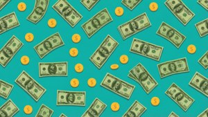 Scattered Dollar Bills on Teal