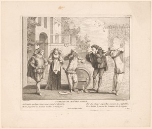 Scène met figuren uit de Commedia dell'arte met Harlekijn bij een wijnvat