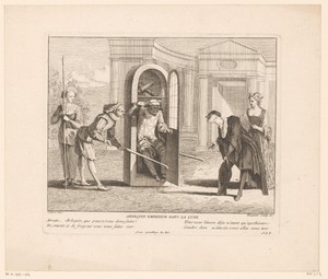 Scène uit de Commedia dell'arte met Harlekijn op een draagstoel