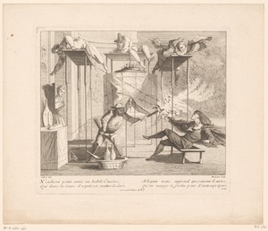 Scène uit de Commedia dell'arte met Harlekijn, Pierrot, Pulcinello en Mezzetino