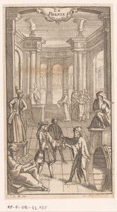 Scène uit een theatervoorstelling met Alexander de Grote bij Diogenes