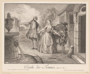 Scène uit een toneelstuk met een vrouw tussen twee mannen