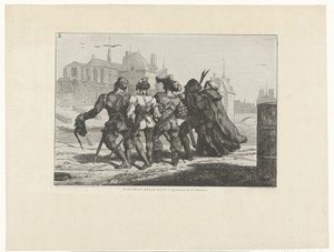 Scène uit Pantagruel van Rabelais waarin vijf mannen, Ponocrates, Panurge, Epistémon, Gymnaste en Frère Jean, larm in arm lopen in Parijs
