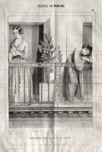 Scènes de moeurs:  Un quatrieme étage rue N. D. de Lorette.  Je crois qu'elle lit ma lettre...à moins que c'en soit une autre.  Elle en avait neuf chez le portier