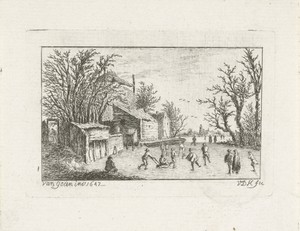 Schaatsers bij een boerderij